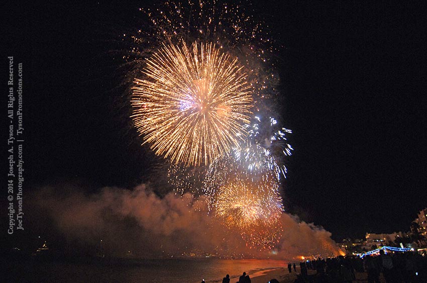 Fireworks over Médano Beach and Cabo San Lucas Lucas harbor, New Year’s morning 2014.